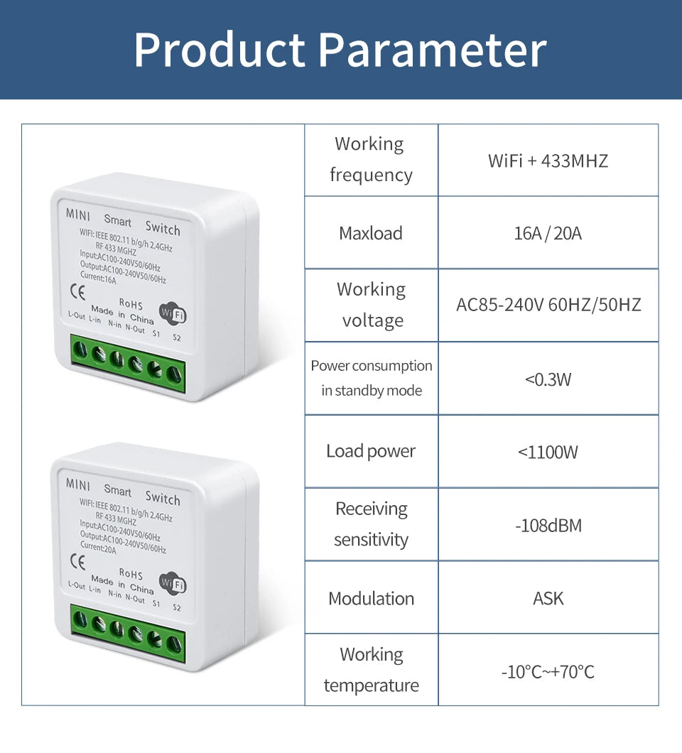 RF 433MHz Light Mini Switch Module with Remote Control, 2-Way Control, No Wi-Fi Needed