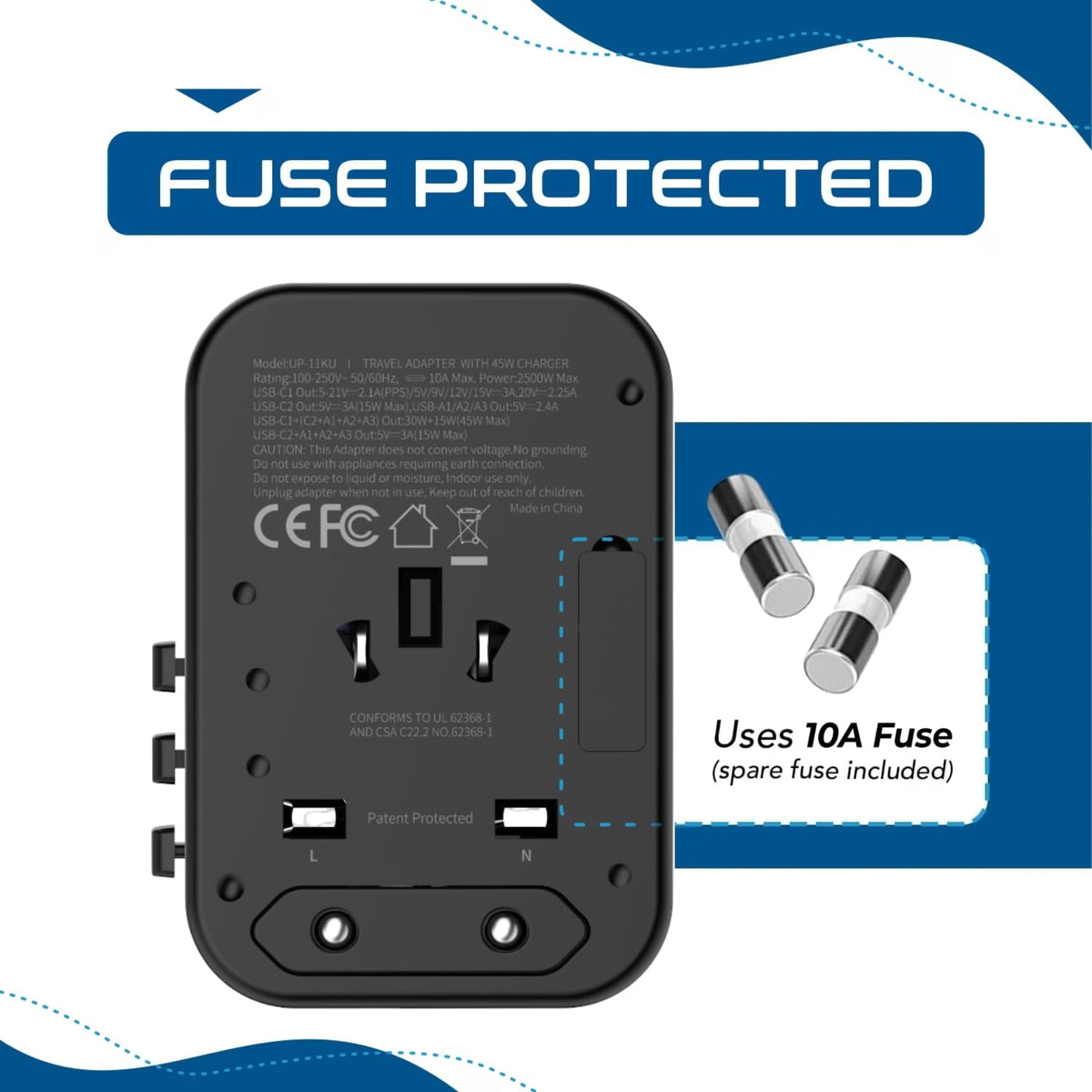 45W Universal Travel Adapter - US, UK, Europe & Australia
