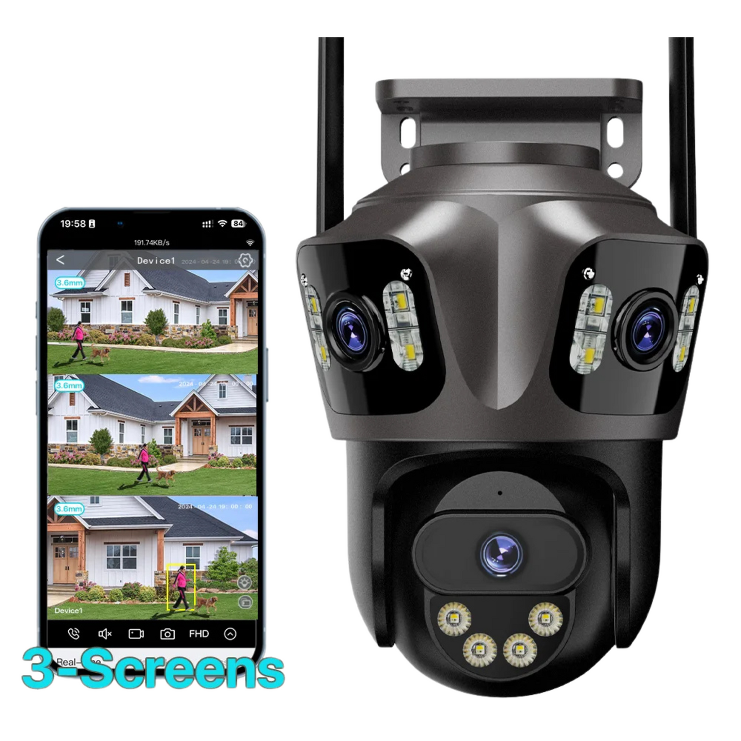 12MP HD Outdoor PTZ Wi-Fi Security Camera, Triple Lens, Auto Tracking, Night Vision, iCSee App