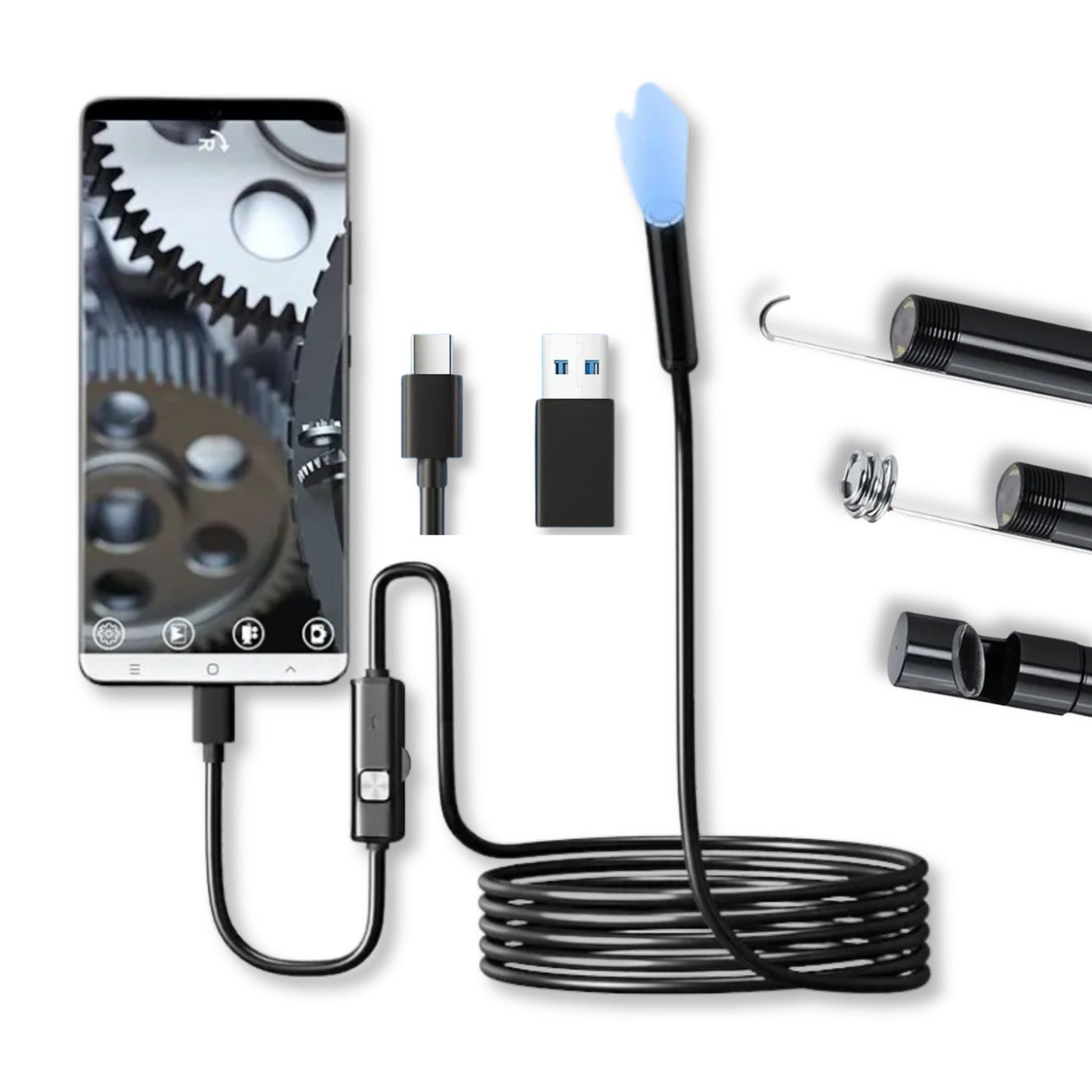 7.0MM - 2m Endoscope Camera, 6 Adjustable LED Lights, IP67 Waterproof, Flexible, USB & Type-C, Inspection Borescope for Android & PC