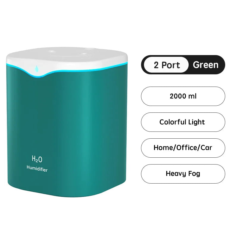H2O 2000ml Dual Spray Air Humidifier, Low Noise Operation, USB Powered for Home, Office, Bedroom