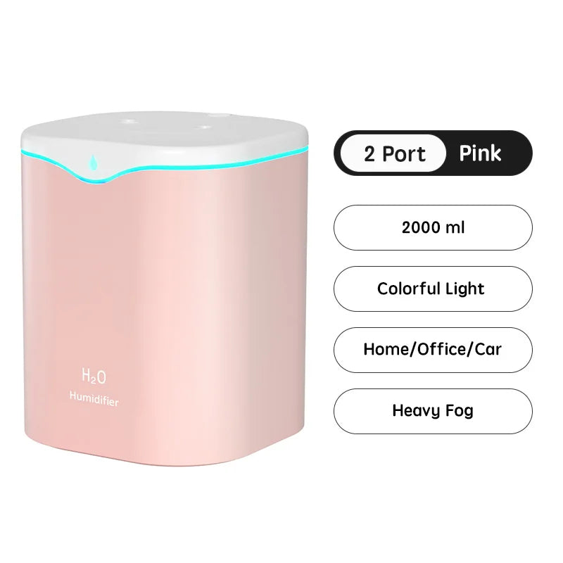 H2O 2000ml Dual Spray Air Humidifier, Low Noise Operation, USB Powered for Home, Office, Bedroom