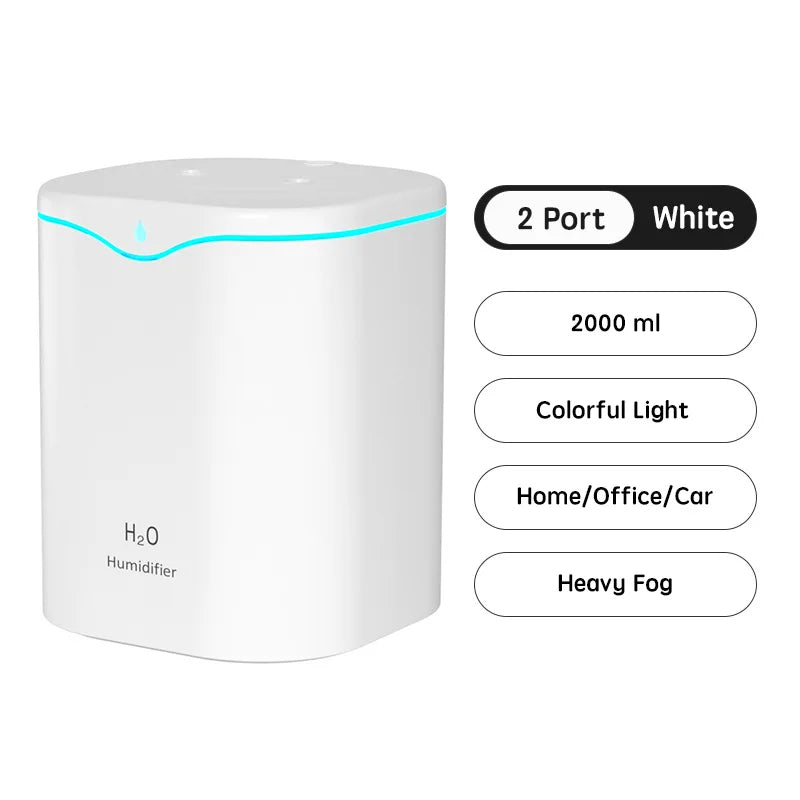 H2O 2000ml Dual Spray Air Humidifier, Low Noise Operation, USB Powered for Home, Office, Bedroom