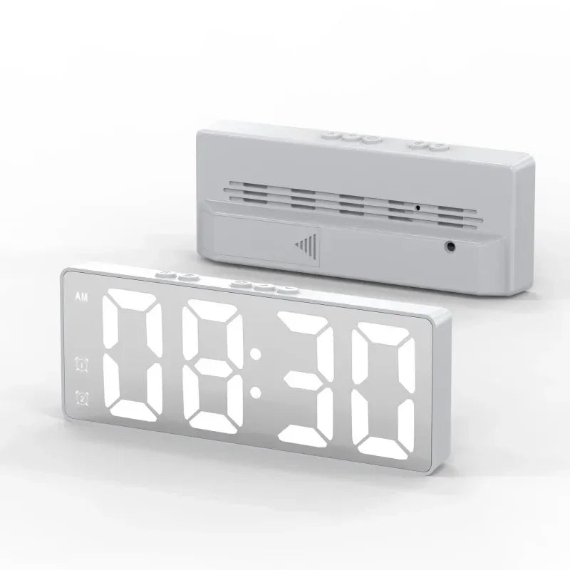 LED Mirror Alarm Clock, Voice Activated, Dual Alarms, Temperature Display, Snooze Function, USB/Battery-Powered