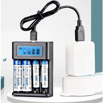 USB Battery Charger, 4-Slot AA/AAA, LCD Display, Overcharge Protection