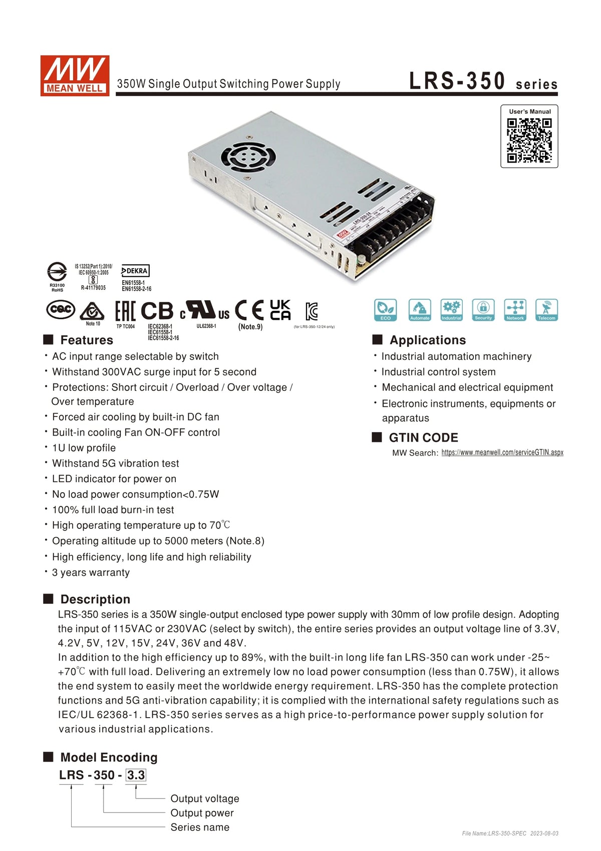 Mean Well LRS 350W 24V 14.6A DC Power Supply