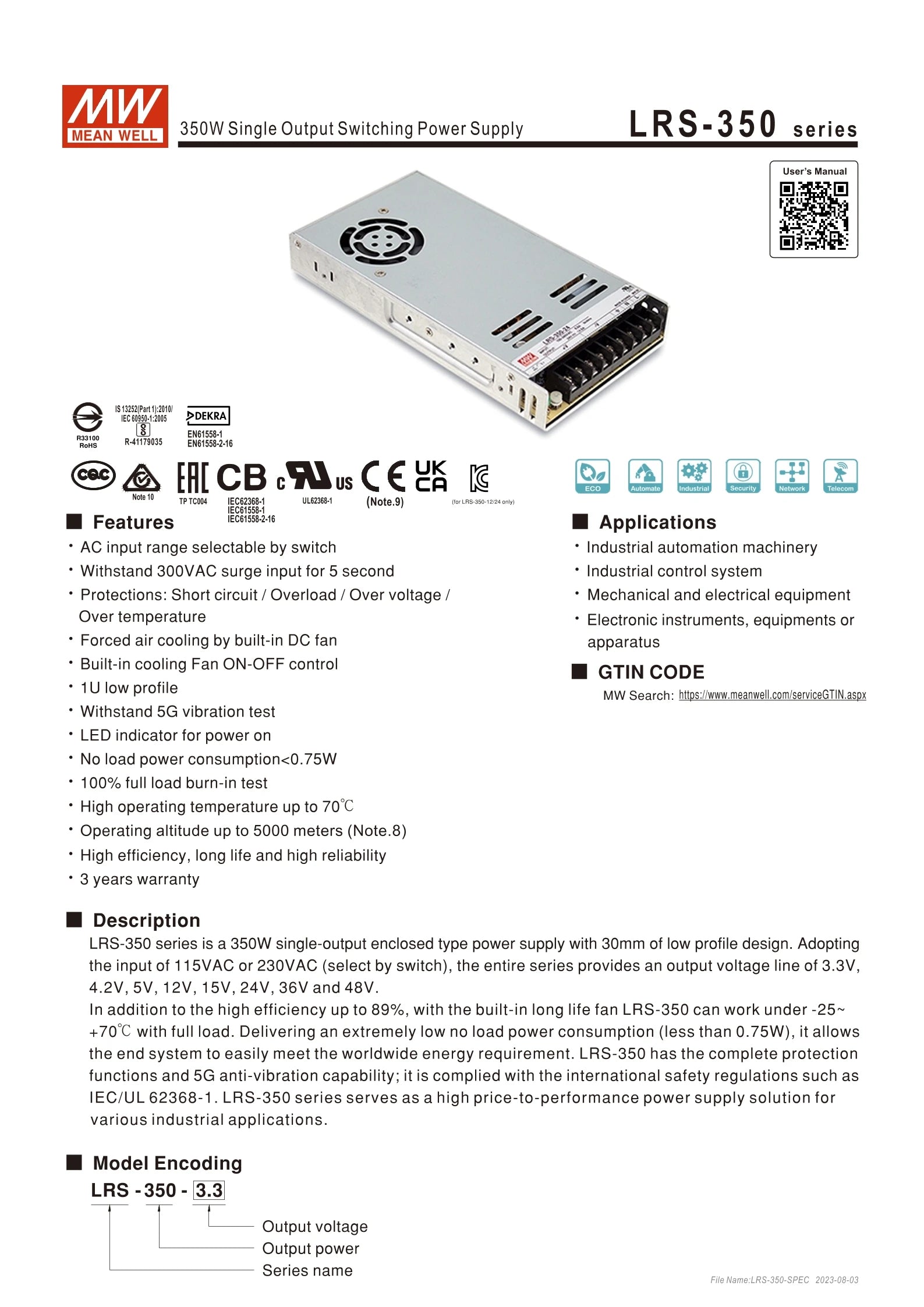 Mean Well LRS 350W 24V 14.6A DC Power Supply