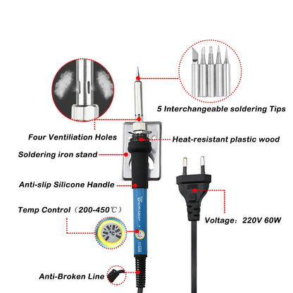 60W Adjustable Temperature Soldering Iron Kit, 5 Tips, Dial Control, Portable Repair Set