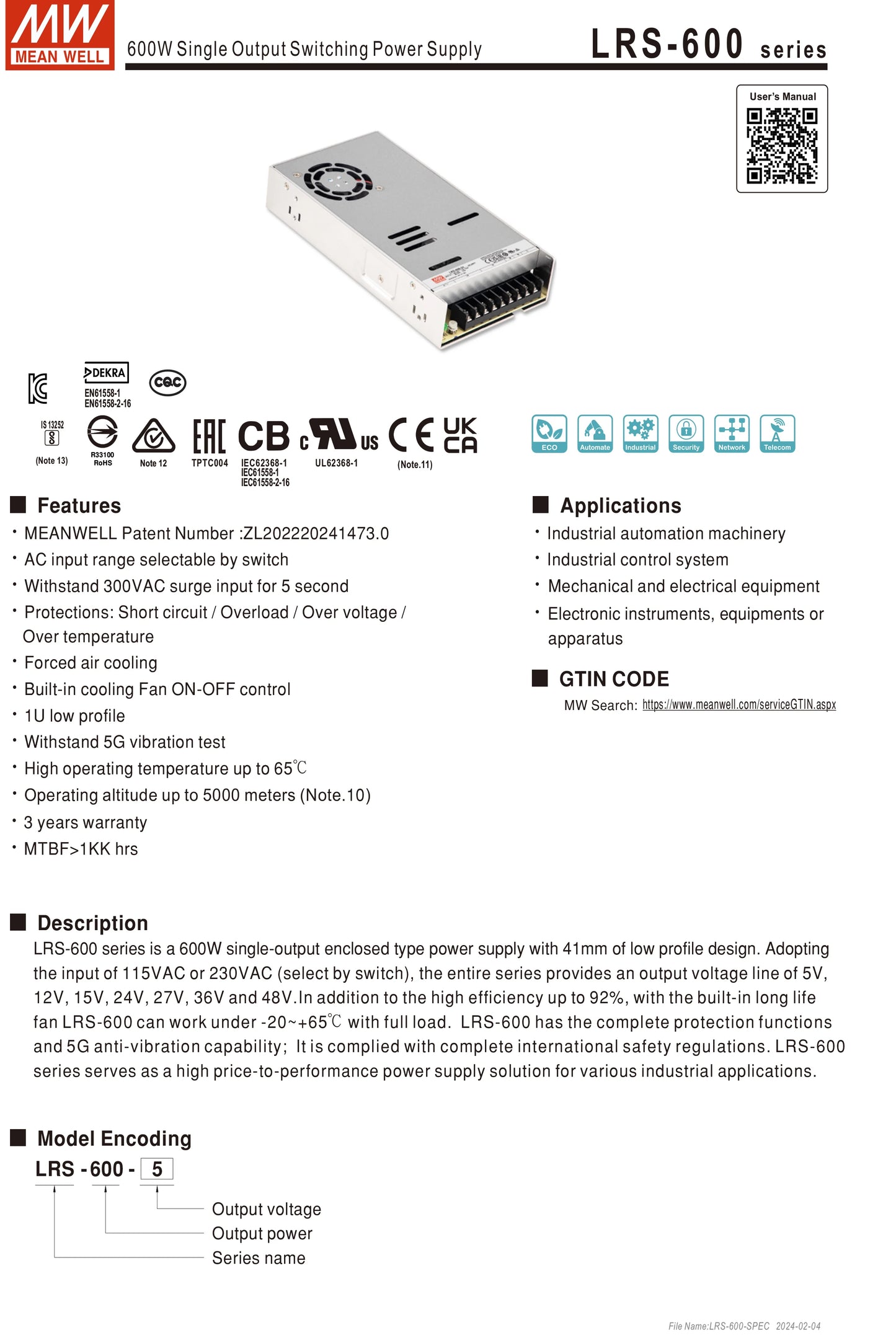 Mean Well LRS 600W 24V 25A DC Power Supply