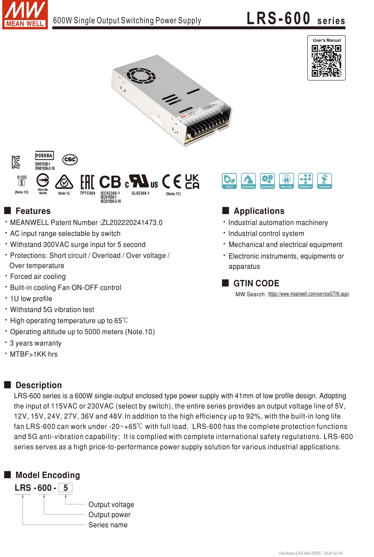 Mean Well LRS 600W 24V 25A DC Power Supply