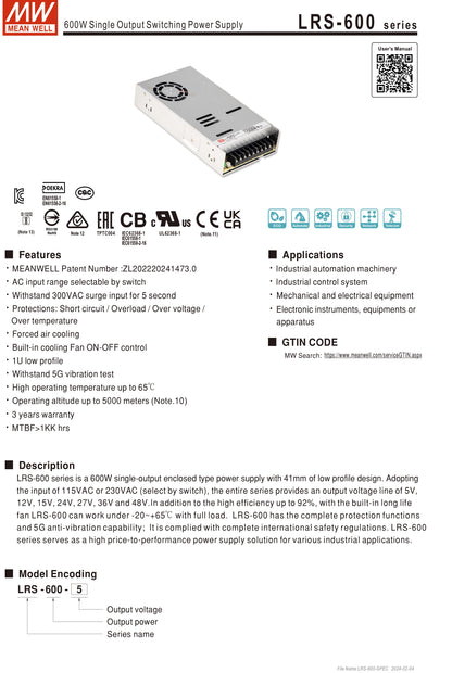 Mean Well LRS 600W 24V 25A DC Power Supply