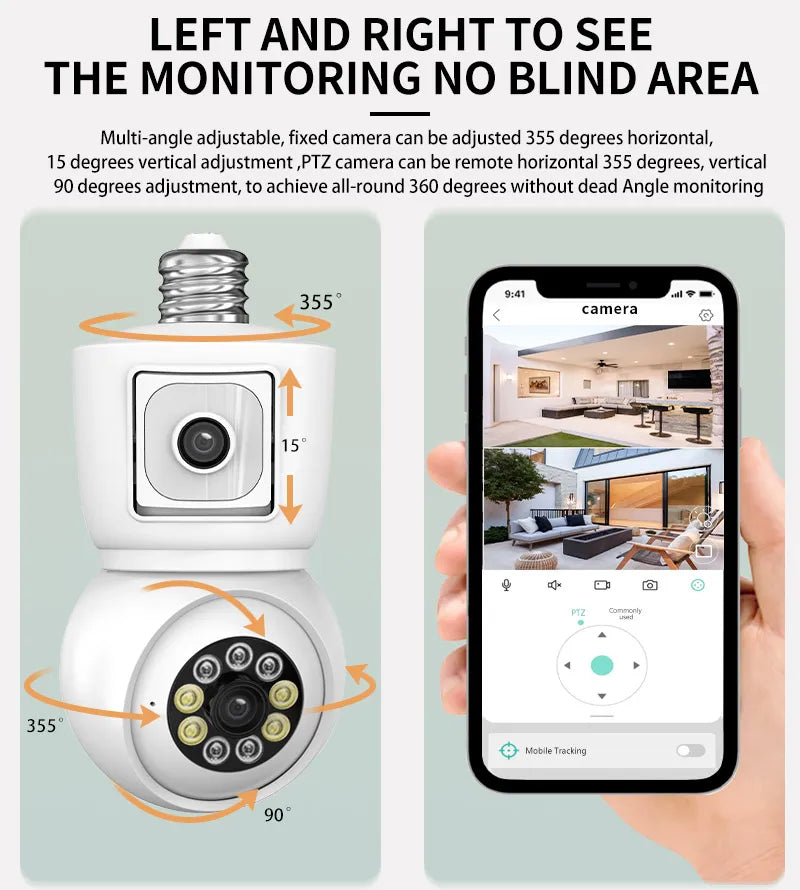8MP E27 Bulb Security Camera – Dual Lens, Auto Tracking & Color Night Vision