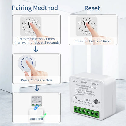 RF 433MHz Light Mini Switch Module with Remote Control, 2-Way Control, No Wi-Fi Needed