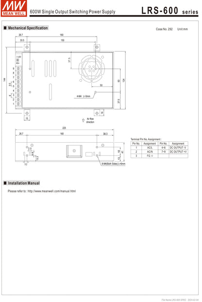 Mean Well LRS 600W 24V 25A DC Power Supply