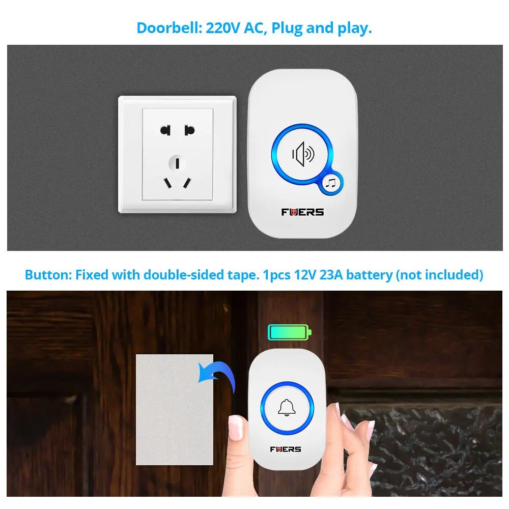 Fuers Wireless Smart Doorbell with 32 Tunes & Waterproof Buttons – Reliable Entry Alert for Home, Store & Hotel