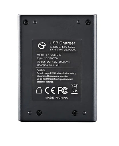 USB Battery Charger, 4-Slot AA/AAA, LCD Display, Overcharge Protection