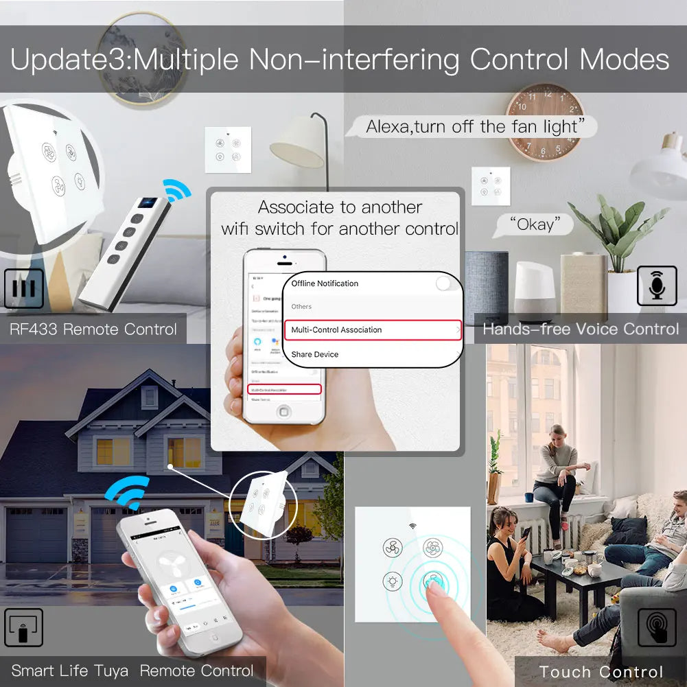 MOES Wi-Fi RF Smart Ceiling Fan Light Switch, 3-Speed Control, Smart Life/Tuya, Alexa & Google Compatible