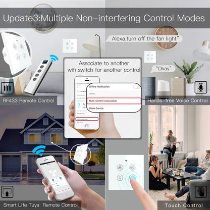 MOES Wi-Fi RF Smart Ceiling Fan Light Switch, 3-Speed Control, Smart Life/Tuya, Alexa & Google Compatible