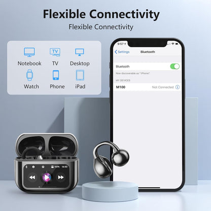 M100 Wireless Clip-On Sports Earbuds – 50H Playtime, Touchscreen, IPX7 Waterproof, Secure Fit for Running