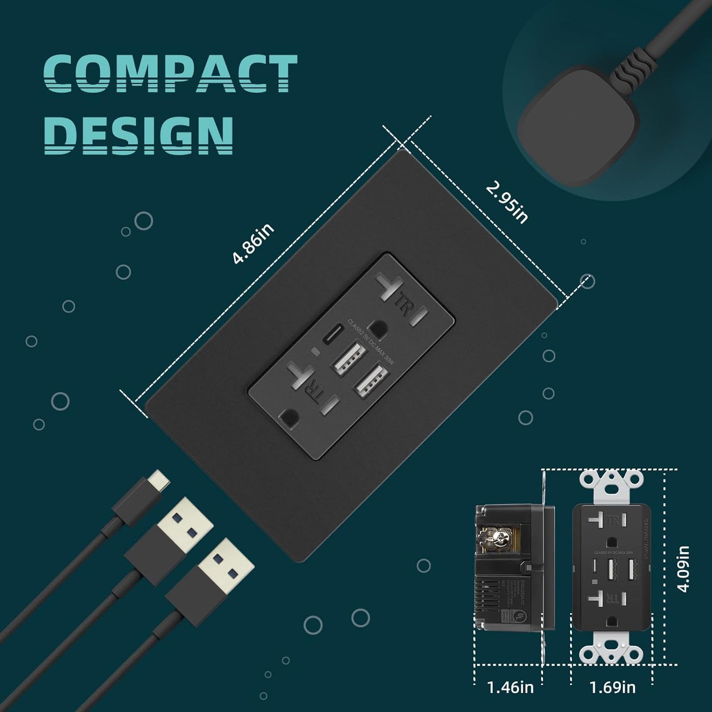 TOPELER Wall Outlet, 3 USB Port, 6.0A High Speed Charging Capability, Child Proof Safety Receptacle, 20 Amp TR Wall Socket