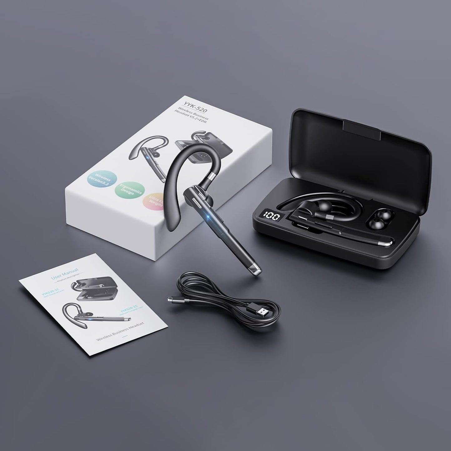 YYK-520 Mono Bluetooth Earbuds, 100H Playtime, Noise Cancelling, Hands-Free Comfort for Businessman, Taximan & Truckers