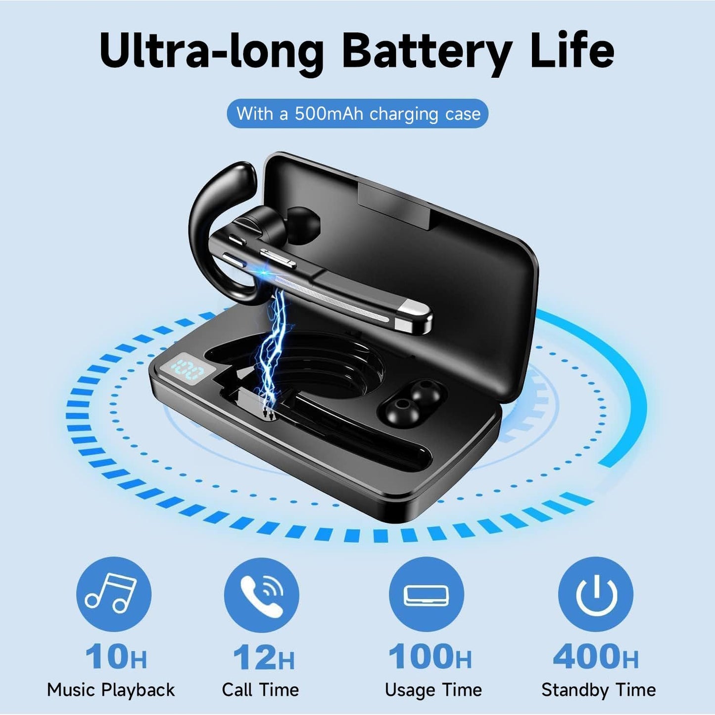 YYK-520 Mono Bluetooth Earbuds, 100H Playtime, Noise Cancelling, Hands-Free Comfort for Businessman, Taximan & Truckers