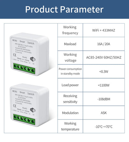 RF 433MHz Light Mini Switch Module with Remote Control, 2-Way Control, No Wi-Fi Needed