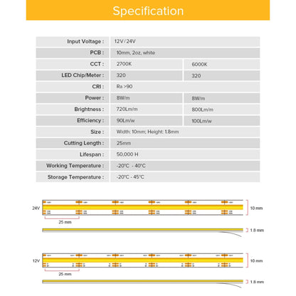 CCT FCOB LED Strip Lights – Adjust Warm to Cool White Anytime