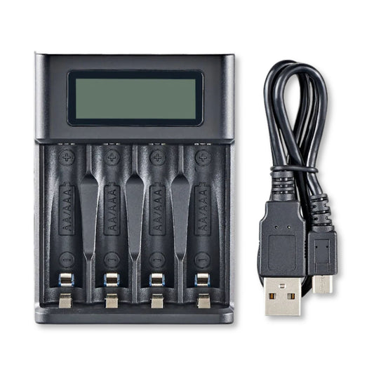 USB Battery Charger, 4-Slot AA/AAA, LCD Display, Overcharge Protection